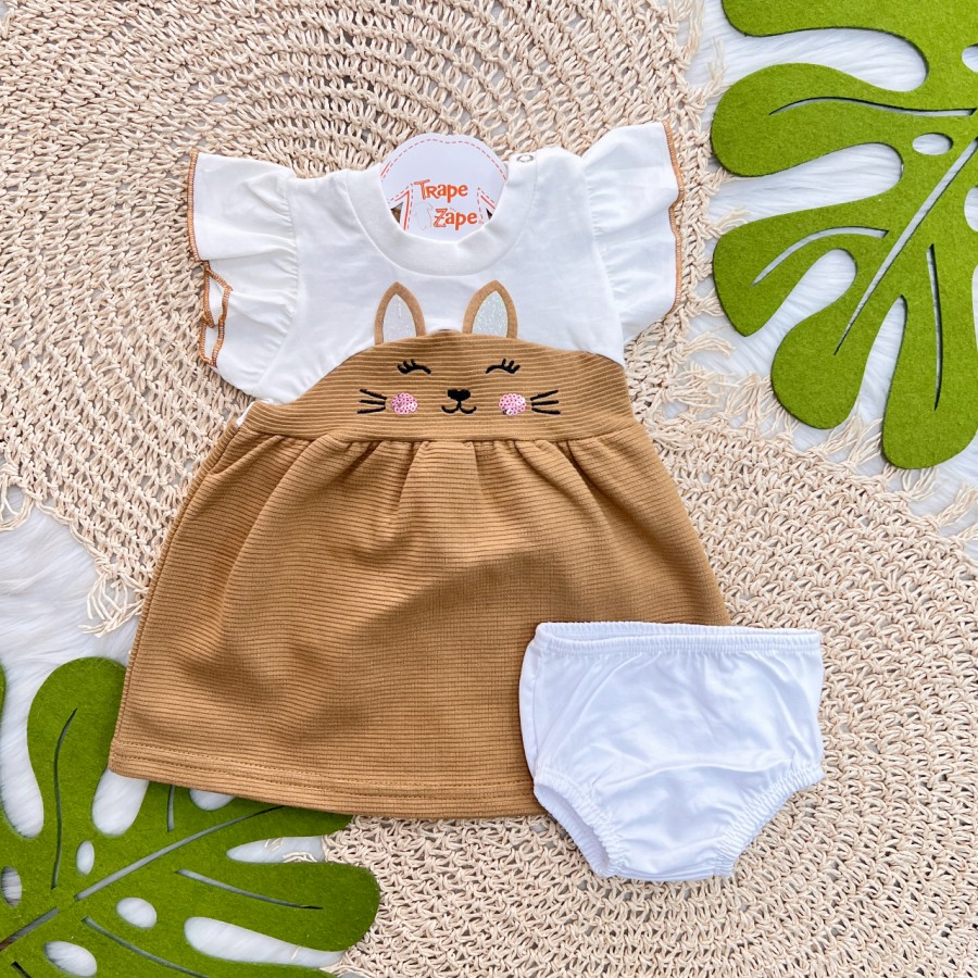 Vestido Ursinha com Paetê e Tapa Fralda - Off White e Marrom